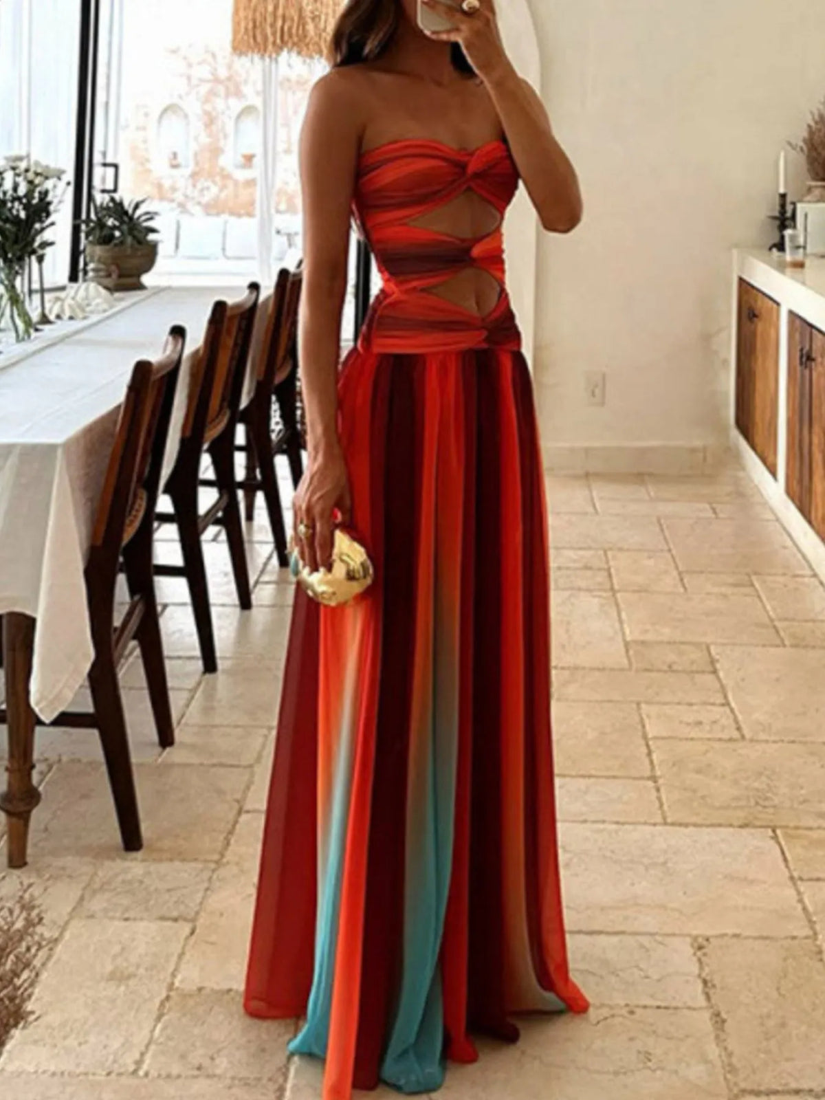 Strapless Cut-Out Rainbow Gradient Maxi Dress - Ladyez