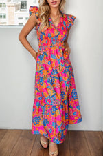Printed V-Neck Cap Sleeve Pocketed Midi Dress - Ladyez