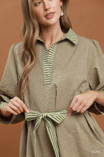 Umgee Striped Contrast Belted Puff Sleeve Mini Dress