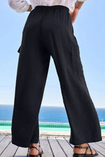 Drawstring Frilled Waist Wide Leg Utility Trousers