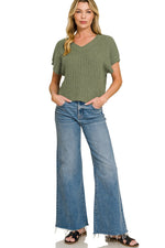 Zenana Textured Knit V-Neck Cropped Sweater