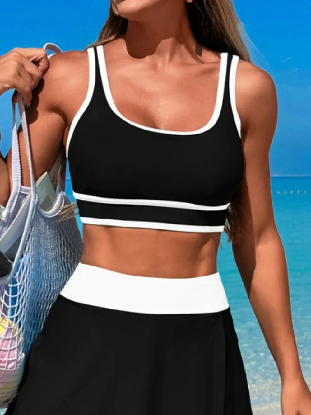 Scoop Neck Top and Skort Swim Set - Ladyez