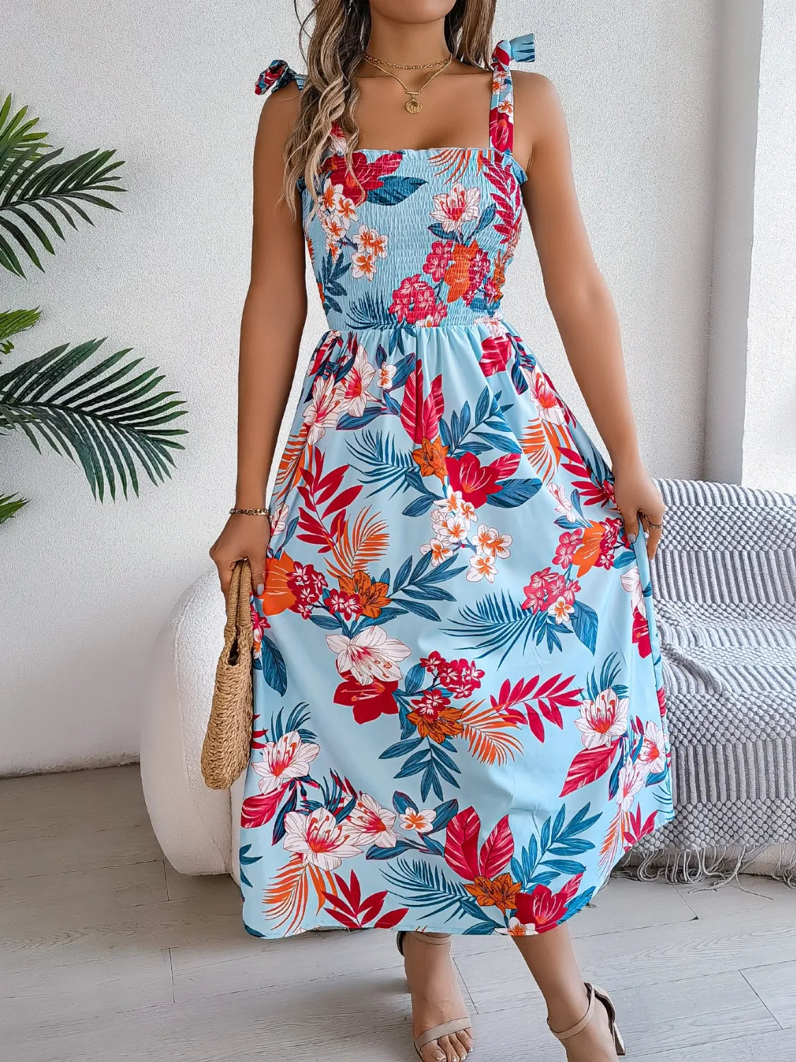 Smocked Floral Tie Shoulder Midi Dress - Ladyez