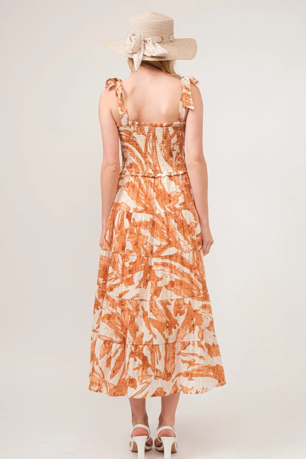 And The Why Tie Shoulder Smocked Midi Tiered Dress - Ladyez