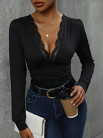 Perfee Lace Detail Plunge Long Sleeve Bodysuit - Ladyez