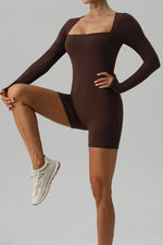 Square Neck Long Sleeve Active Romper - Ladyez