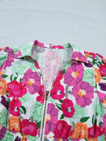 Vibrant Floral Print V Neck Zip Up Puffy Half Sleeve Dress