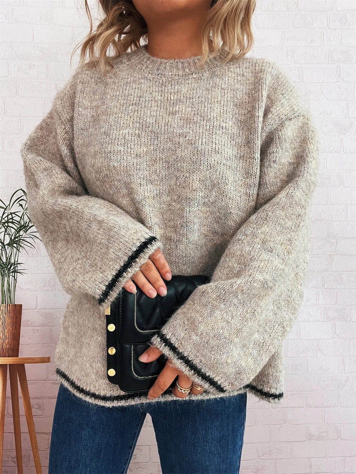 Contrast Trim Round Neck Cozy Sweater