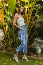 BiBi Striped Tape Details With Bot Tied Point Elastic Waist Jeans - Ladyez