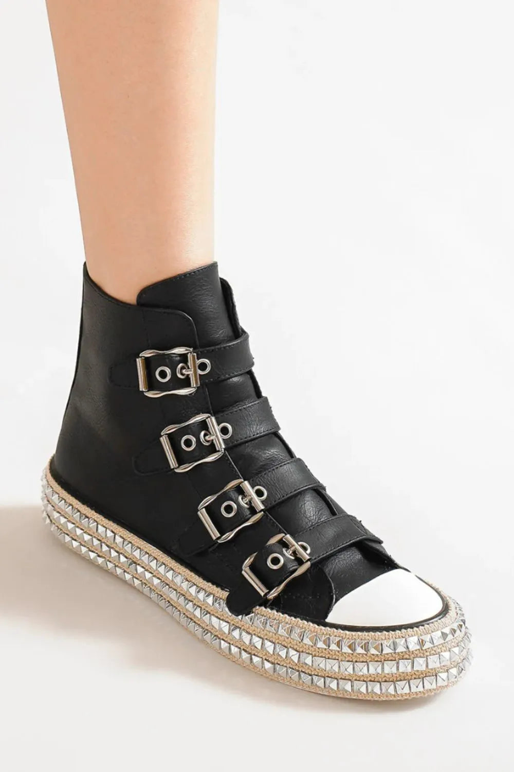 Beast Fashion Multi-Buckle Straps Studded Platform Sneakers - Ladyez