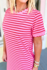 Stripe Striped Short Sleeve Scalloped Trim Side Slit Maxi Tee Dress