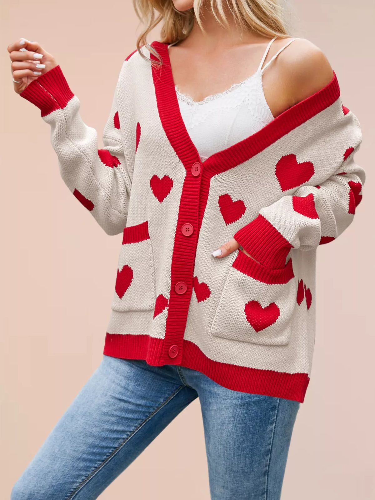 Heart Pattern Button-Up Knit Cardigan