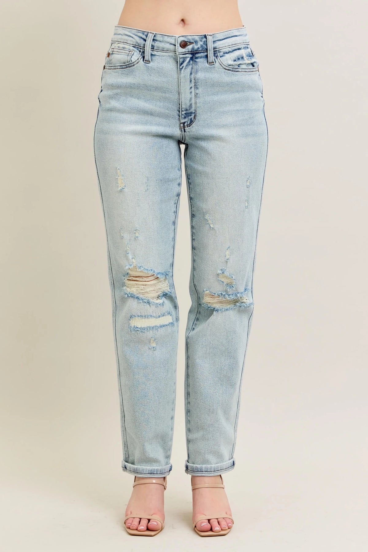 Judy Blue Full Size Mr Repair Stitch Detail Destroy Single Cuff Bf Jeans Plus Size - Ladyez