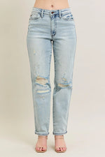 Judy Blue Full Size Mr Repair Stitch Detail Destroy Single Cuff Bf Jeans Plus Size - Ladyez