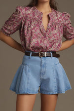 Pleated Patchwork Panel Lightweight Denim Shorts