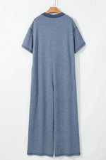 Placket Chest Pockets Short Sleeve Wide Leg Jumpsuit