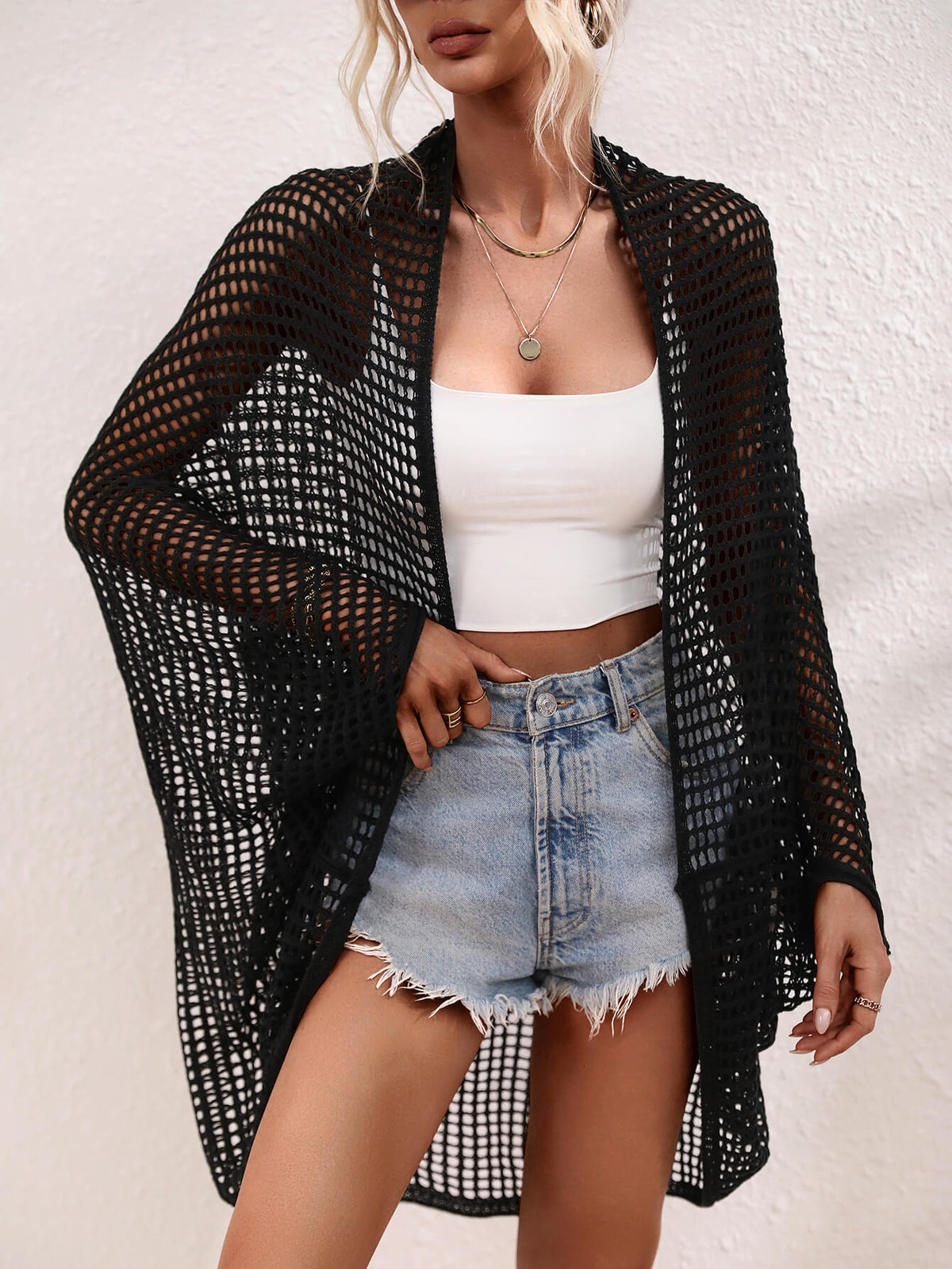 Openwork Open Front Longline Cover Up - Ladyez