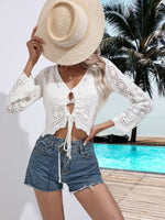 Openwork Drawstring V-Neck Long Sleeve Cover-Up - Ladyez
