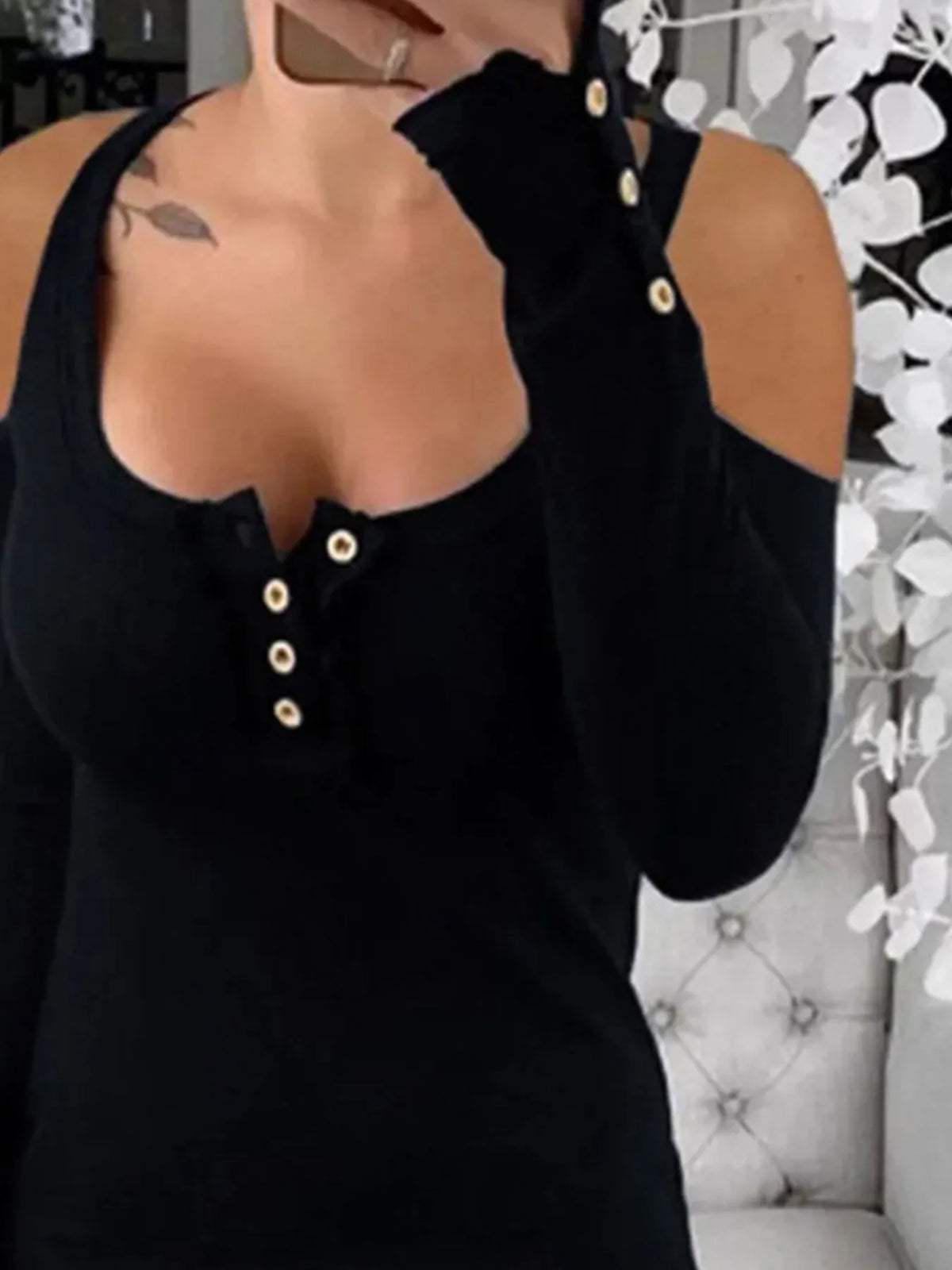 Cold Shoulder Ribbed Henley T-Shirt with Button Detail