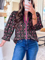 Contrast V Neckline Bracelet Sleeve Vintage Floral Blouse