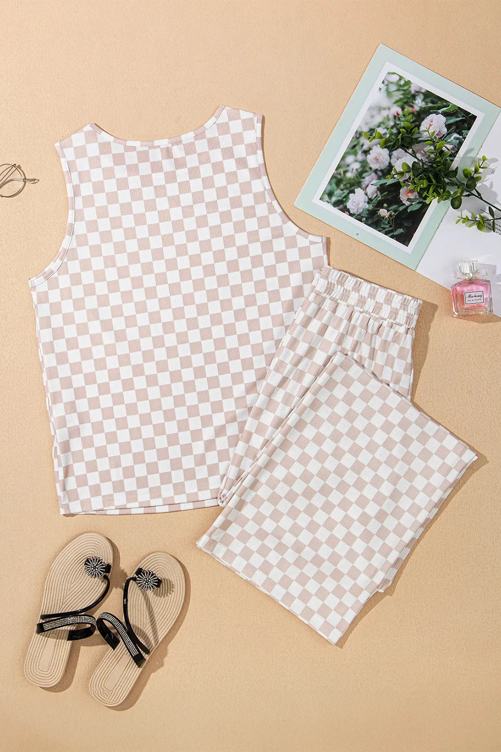 Ribbed Texture Checkered Print Tank and Pants Set - Ladyez