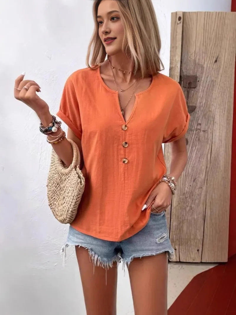 Full Size Notched Short Sleeve Top Plus Size