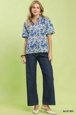 Umgee Floral Puff Sleeve Blouse with Scalloped Details
