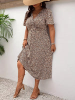 Plus Size Printed V-Neck Short Sleeve Midi Dress