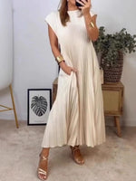 Full Size Pleated Round Neck Maxi Dress Plus Size - Ladyez