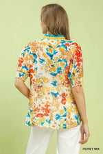 Umgee Floral Contrast Pleat Neck Top