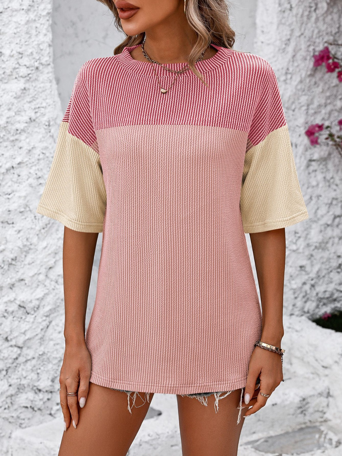 Mandy Color Block Round Neck Half Sleeve T-Shirt - Ladyez