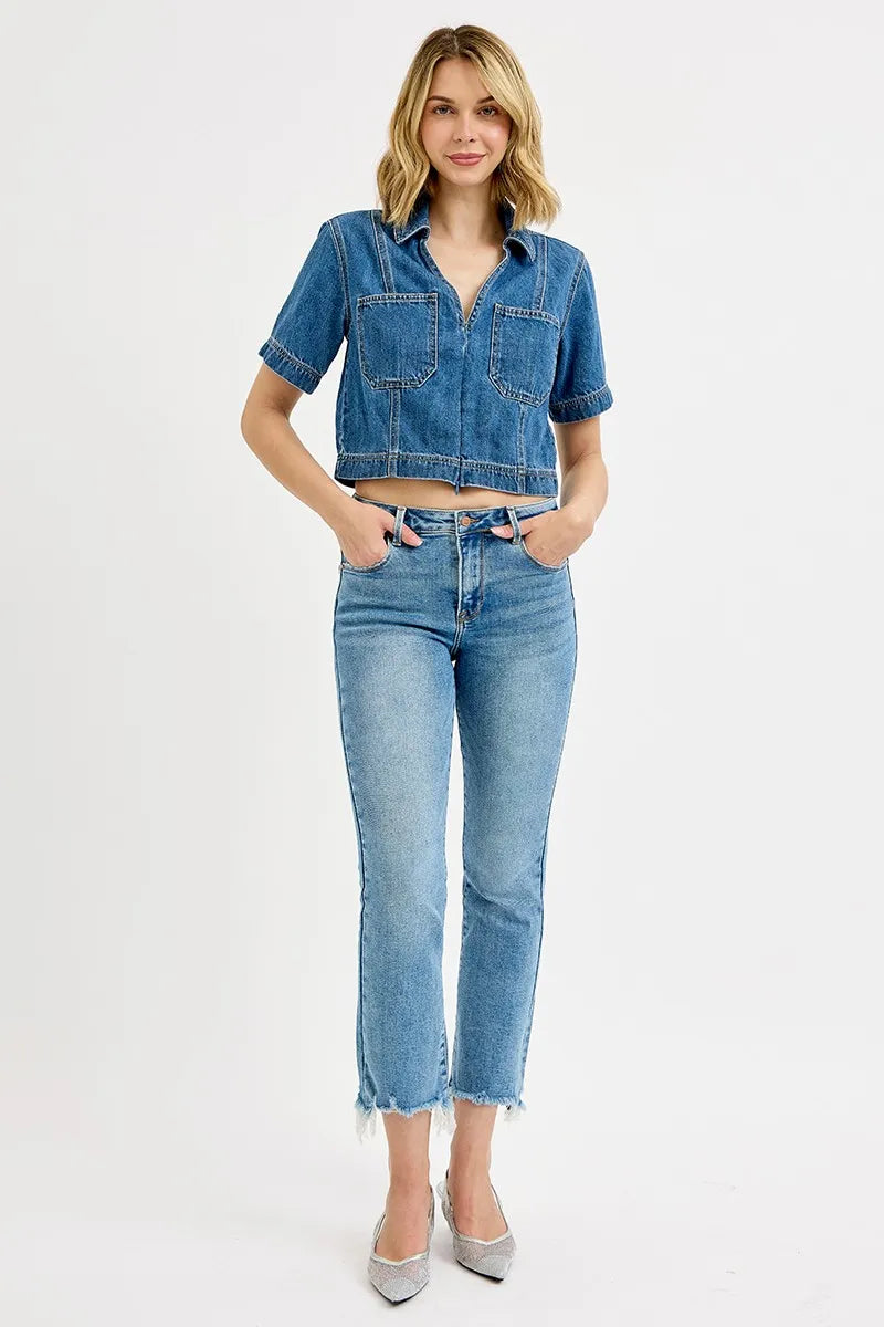 RISEN Full Size High Rise Crop Straight Slim Jeans Plus Size - Ladyez