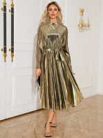 Tie Waist Long Sleeve Midi Dress - Ladyez