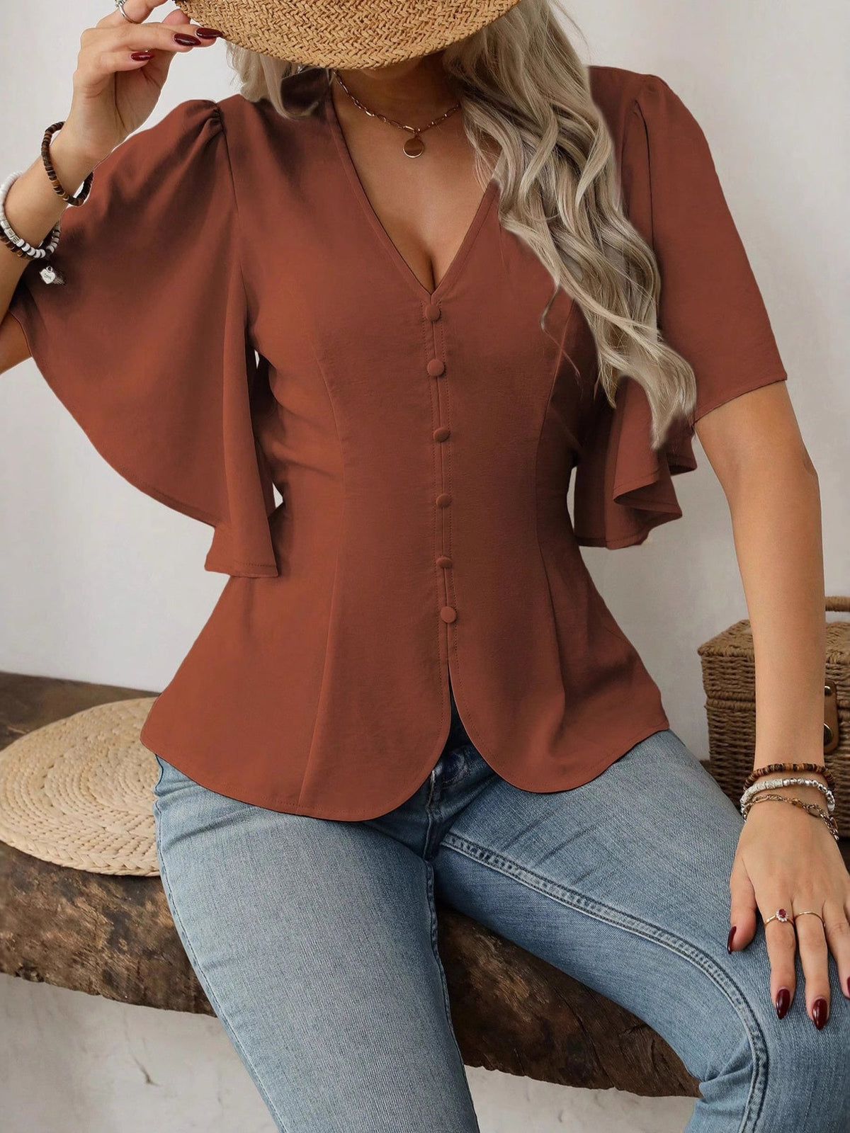 V-Neck Flutter Sleeve Blouse