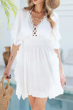 Ruffled Smocked Waist V-Neck Cover-Up - Ladyez
