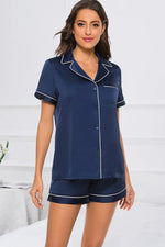 Printed Button Up Short Sleeve Top and Shorts Lounge Set - Ladyez