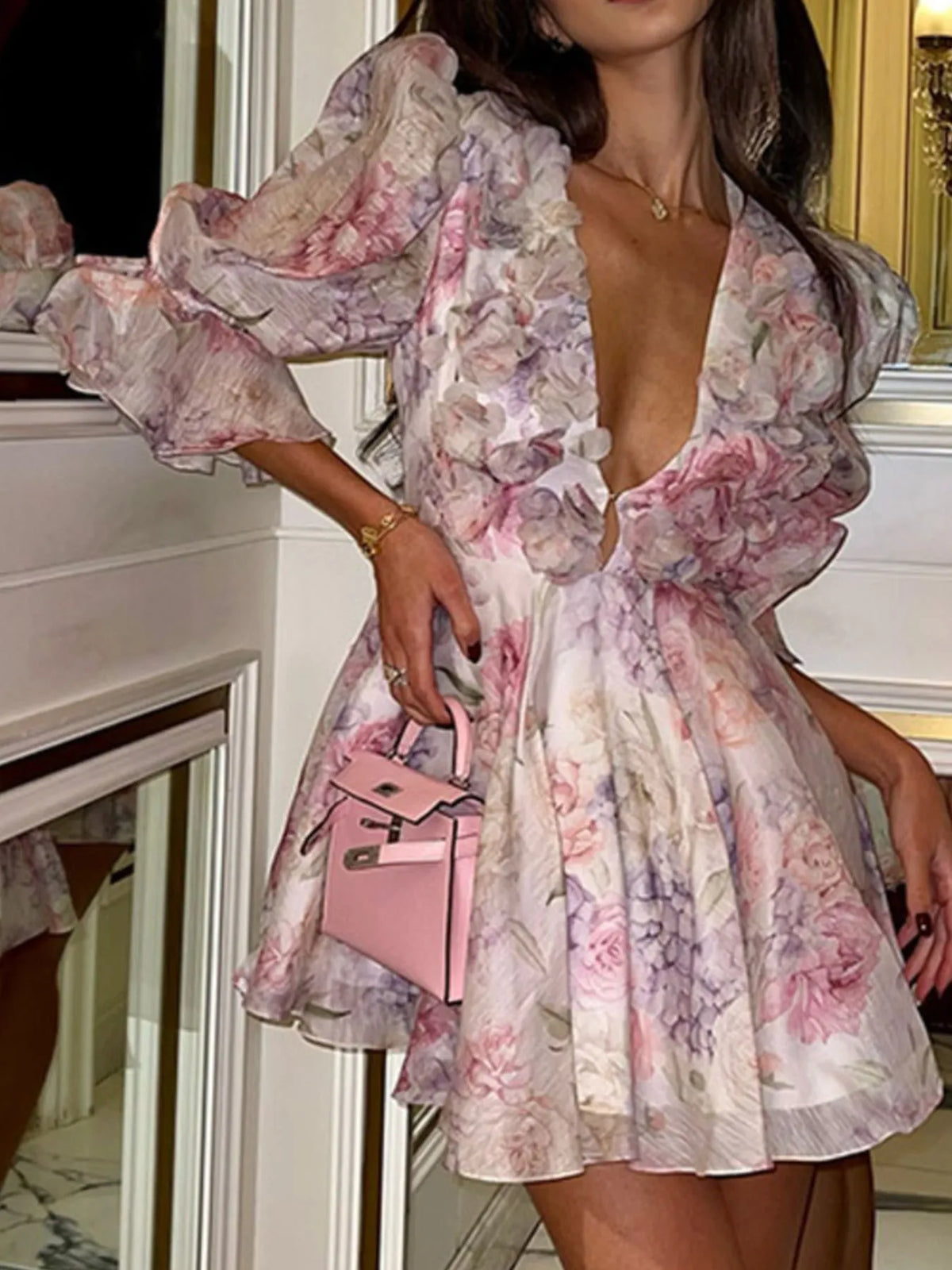 Floral Print Ruffled Mini Dress with Deep V-Neck - Ladyez