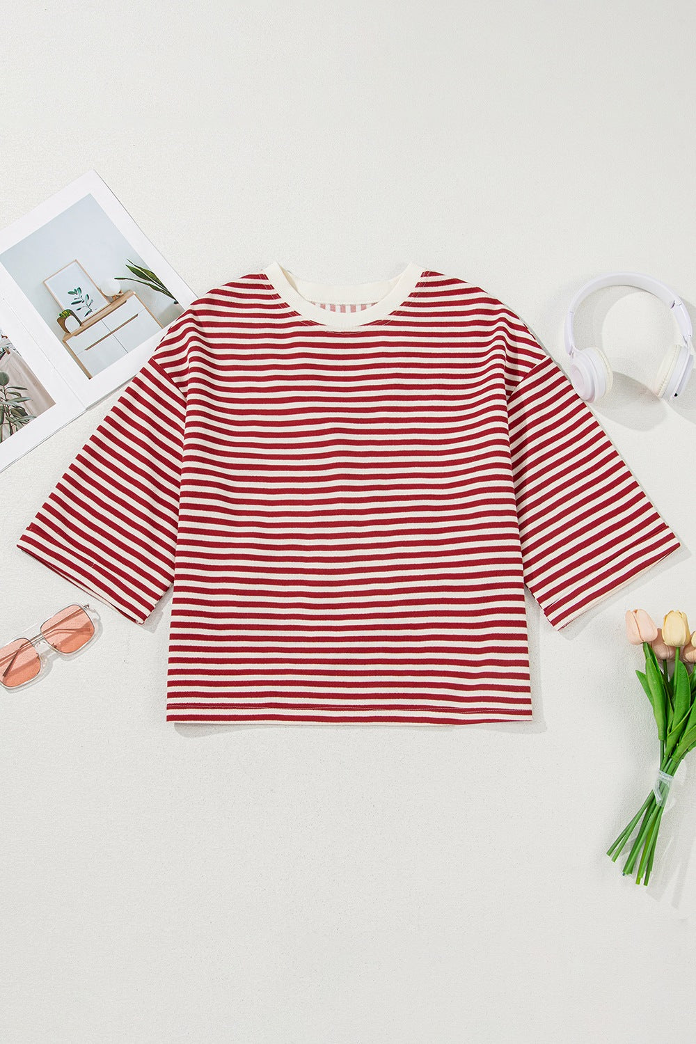 Stripe Bow Decor Cutout Drop Shoulder Top - Ladyez