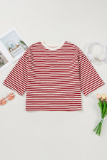 Stripe Bow Decor Cutout Drop Shoulder Top - Ladyez