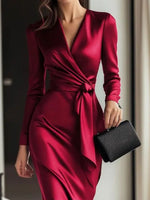 Satin Tie Waist Long Sleeve Dress
