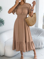Smocked Frill Round Neck Midi Dress