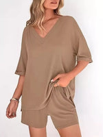 Solid Color V-Neck and Shorts Set