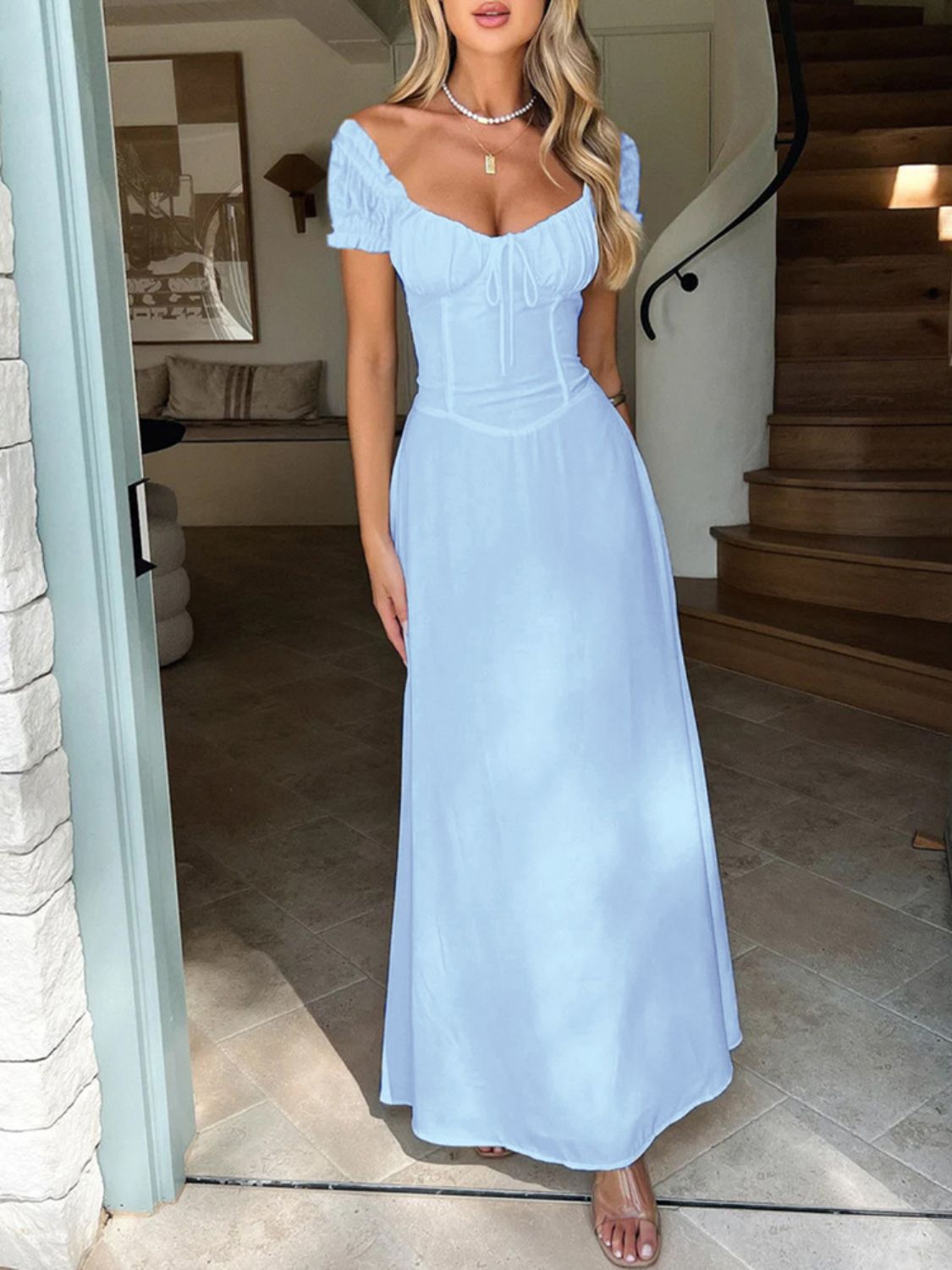 Devine Sweetheart Neck Short Sleeve Maxi Dress - Ladyez