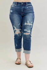 Judy Blue Full Size Mid Rise Cuffed Destroy Bf Jeans Plus Size - Ladyez