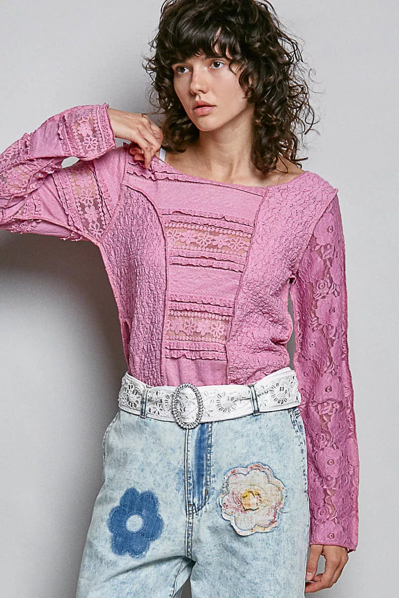 POL Round Neck Long Sleeve Exposed Seam Top with Lace Detail