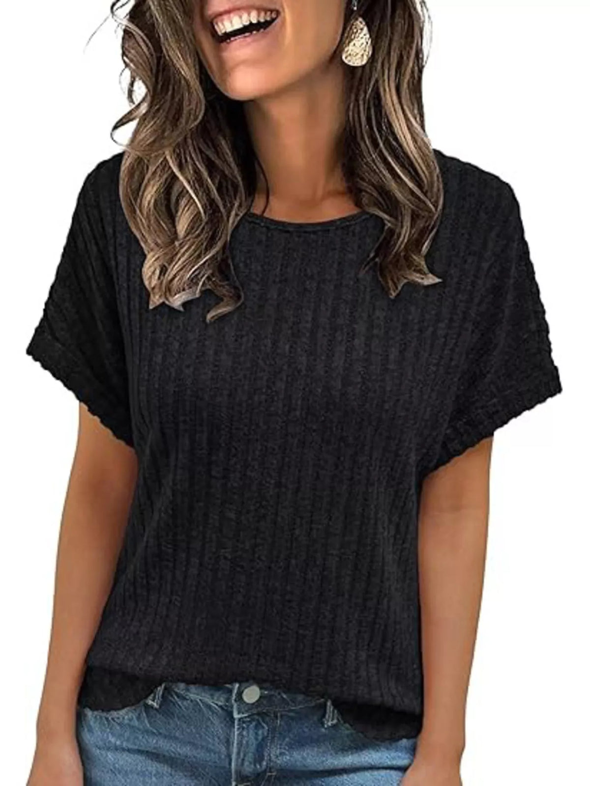 Casual Ribbed Knit Short Sleeve T-Shirt