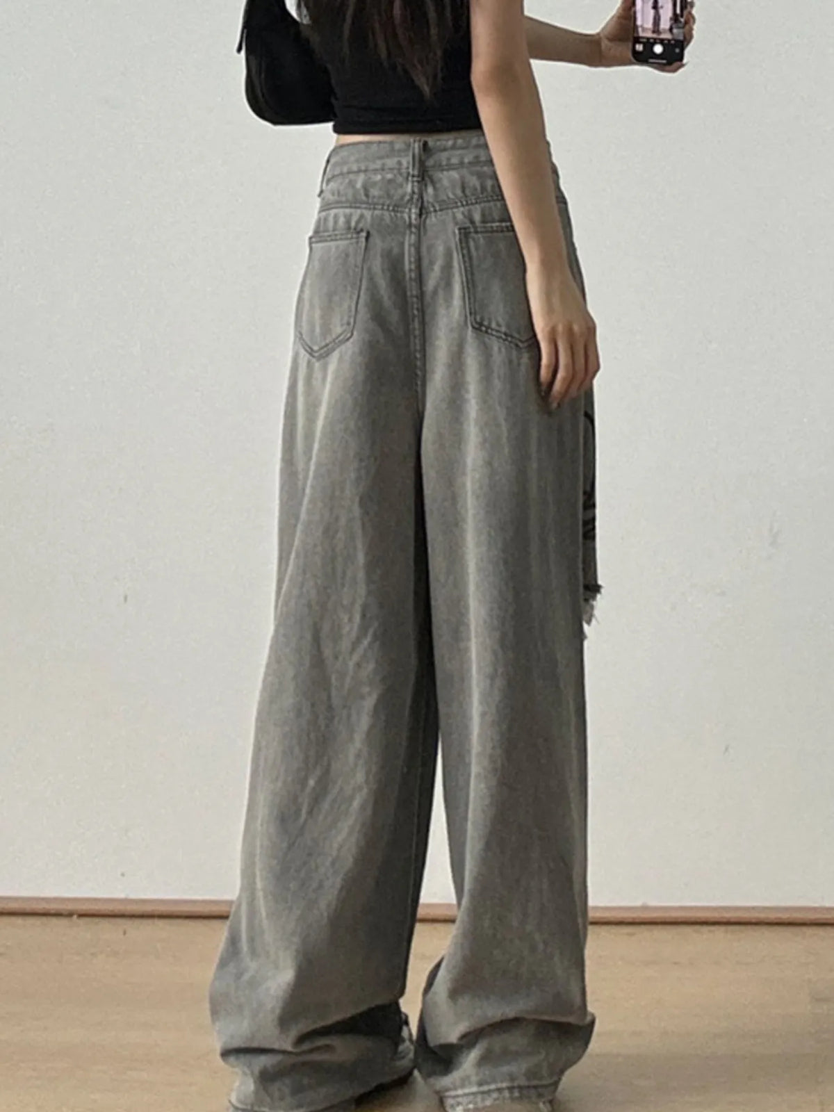 Printed Distressed Wide Leg Jeans - Ladyez