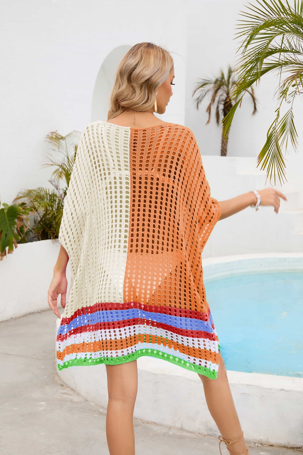 Contrast Scoop Neck Openwork Half Sleeve Cover Up - Ladyez