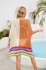 Contrast Scoop Neck Openwork Half Sleeve Cover Up - Ladyez