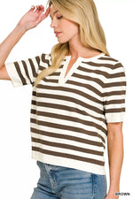 Zenana Split Neck Stripe Short Sleeve Sweater